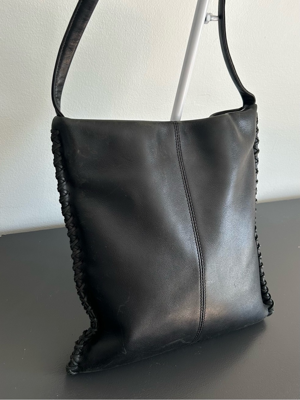 Kenneth Cole Black Leather Whipstitch Hobo Shoulder Bag Slouchy Y2K - Picture 6 of 13